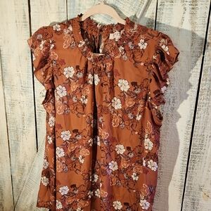 Tempted Brown Ruffled Cap Sleeve Blouse with Mandarin Collar